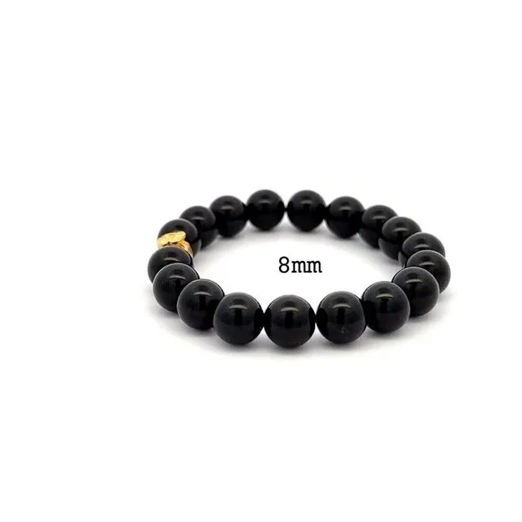 24K Gold Money Bag Lucky Charm Stretchable Bracelet Natural Onyx 8mm - Picture 3 of 4